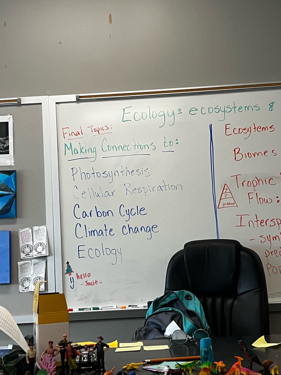 1
FREE
Final Topics:
Making Connections to:
Photosynthesis
Cellular Respiration
Carbon Cycle
Climate Change
Ecology
⇓
hello
Ecology = ecosystems &
Ecosy tems
Biomes
- Jacie:
OCE
USKON
Trophic
Flow:
Intersp
Sym
prea
роб
producer