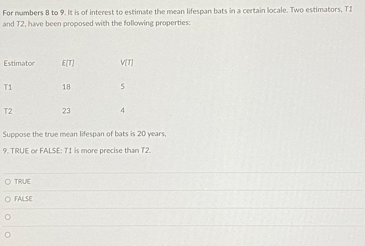 For numbers 8 to 9. It is of interest to estimate the mean lifespan bats in a certain locale. Two estimators, T1
and T2, have been proposed with the following properties:
Estimator
T1
T2
O TRUE
O FALSE
O
E[T]
O
18
23
Suppose the true mean lifespan of bats is 20 years,
9. TRUE or FALSE: T1 is more precise than T2.
V[T]
5
4