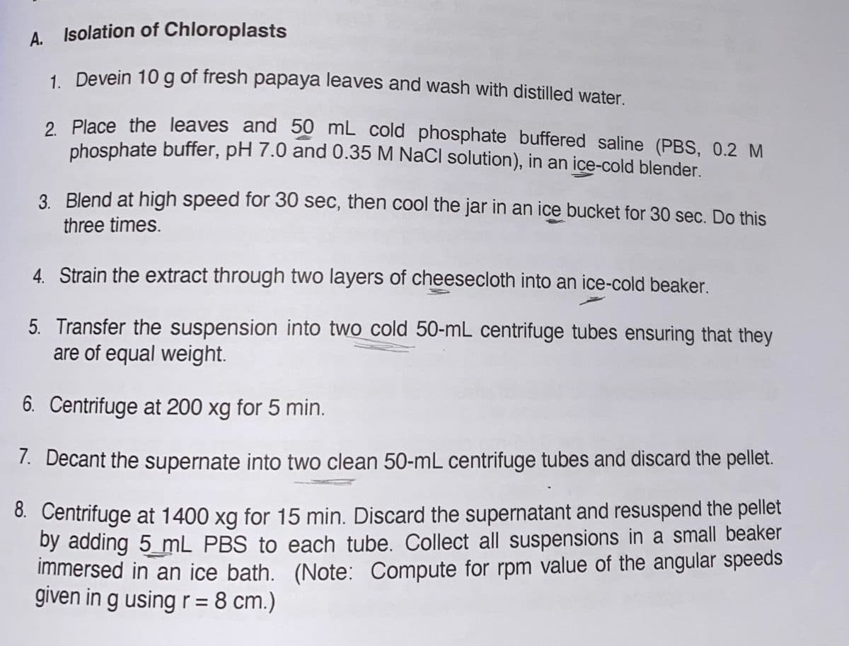 A. Isolation of Chloroplasts
1. Devein 10g of fresh papaya leaves and wash with distilled water.
2. Place the leaves and 50 mL cold phosphate buffered saline (PBS, 0.2 M
phosphate buffer, pH 7.0 and 0.35 M NaCl solution), in an ice-cold blender.
3. Blend at high speed for 30 sec, then cool the jar in an ice bucket for 30 sec. Do this
three times.
4. Strain the extract through two layers of cheesecloth into an ice-cold beaker.
5. Transfer the suspension into two cold 50-mL centrifuge tubes ensuring that they
are of equal weight.
6. Centrifuge at 200 xg for 5 min.
7. Decant the supernate into two clean 50-mL centrifuge tubes and discard the pellet.
8. Centrifuge at 1400 xg for 15 min. Discard the supernatant and resuspend the pellet
by adding 5_mL PBS to each tube. Collect all suspensions in a small beaker
immersed in an ice bath. (Note: Compute for rpm value of the angular speeds
given in g using r = 8 cm.)