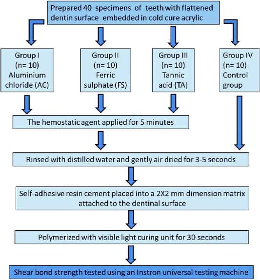 Group I
(n=10)
Aluminium
chloride (AC)
Prepared 40 specimens of teeth with flattened
dentin surface embedded in cold cure acrylic
↓
Group II
(n=10)
Ferric
sulphate (FS)
Group III
(n=10)
Tannic
acid (TA)
The hemostatic agent applied for 5 minutes
។
Group IV
(n=10)
Control
group
Rinsed with distilled water and gently air dried for 3-5 seconds
Self-adhesive resin cement placed into a 2X2 mm dimension matrix
attached to the dentinal surface
Polymerized with visible light curing unit for 30 seconds
Shear bond strength tested using an Instron universal testing machine