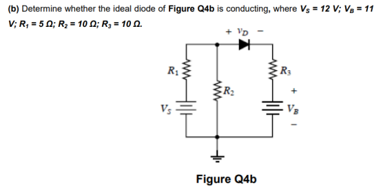 (b) Determine whether the ideal diode of Figure Q4b is conducting, where Vs = 12 V; V8 = 11
V; R, = 5 0; R2 = 10N; R, = 10 0.
+ VD -
R1
R3
V3
Figure Q4b
ww
