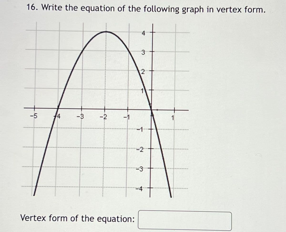16. Write the equation of the following graph in vertex form.
-5
4
-3
-2
T
Vertex form of the equation:
3
2
-1
-2
-3
-4
1