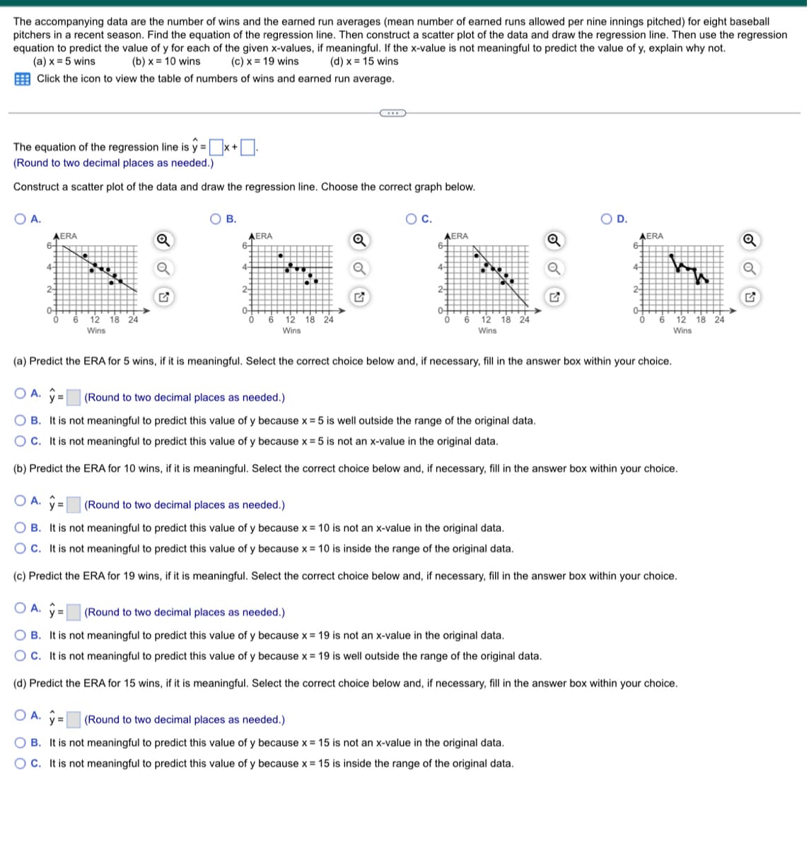 The accompanying data are the number of wins and the earned run averages (mean number of earned runs allowed per nine innings pitched) for eight baseball
pitchers in a recent season. Find the equation of the regression line. Then construct a scatter plot of the data and draw the regression line. Then use the regression
equation to predict the value of y for each of the given x-values, if meaningful. If the x-value is not meaningful to predict the value of y, explain why not.
(a) x = 5 wins
(c) x = 19 wins (d) x = 15 wins
(b)x= 10 wins
Click the icon to view the table of numbers of wins and earned run average.
..
The equation of the regression line is y=x+
X+
(Round to two decimal places as needed.)
Construct a scatter plot of the data and draw the regression line. Choose the correct graph below.
OA.
B.
O C.
O D.
AERA
AERA
6+
Q
AERA
6+
4-
4-
2-
2-
0-
6 12 18 24
0
12 18 24
6 12 18 24
Wins
12 18 24
Wins
Wins
Wins
(a) Predict the ERA for 5 wins, if it is meaningful. Select the correct choice below and, if necessary, fill in the answer box within your choice.
A.
(Round to two decimal places as needed.)
OB. It is not meaningful to predict this value of y because x = 5 is well outside the range of the original data.
OC. It is not meaningful to predict this value of y because x = 5 is not an x-value in the original data.
(b) Predict the ERA for 10 wins, if it is meaningful. Select the correct choice below and, if necessary, fill in the answer box within your choice.
OA. =
(Round to two decimal places as needed.)
OB. It is not meaningful to predict this value of y because x = 10 is not an x-value in the original data.
OC. It is not meaningful to predict this value of y because x = 10 is inside the range of the original data.
(c) Predict the ERA for 19 wins, if it is meaningful. Select the correct choice below and, if necessary, fill in the answer box within your choice.
OA. ŷ=
=
(Round to two decimal places as needed.).
OB. It is not meaningful to predict this value of y because x = 19 is not an x-value in the original data.
OC. It is not meaningful to predict this value of y because x = 19 is well outside the range of the original data.
(d) Predict the ERA for 15 wins, if it is meaningful. Select the correct choice below and, if necessary, fill in the answer box within your choice.
OA. ý
(Round to two decimal places as needed.)
OB. It is not meaningful to predict this value of y because x = 15 is not an x-value in the original data.
OC. It is not meaningful to predict this value of y because x = 15 is inside the range of the original data.
6-
4-
2-
Q
AERA
6+
4-
2-
6
w