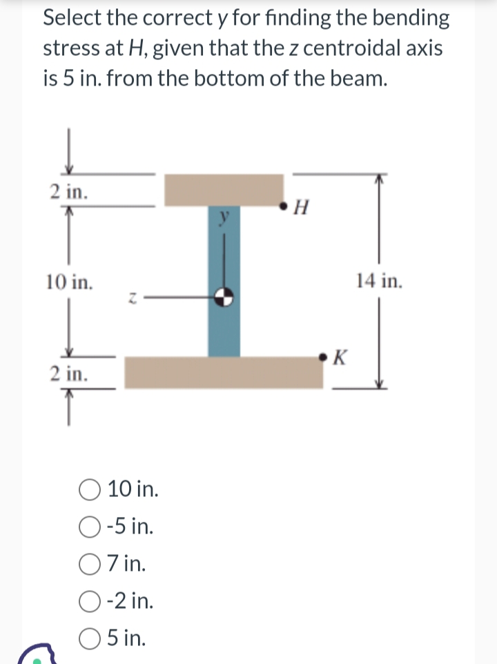 Select the correct y for finding the bending
stress at H, given that the z centroidal axis
is 5 in. from the bottom of the beam.
2 in.
10 in.
2 in.
10 in.
-5 in.
7 in.
-2 in.
5 in.
H
K
14 in.