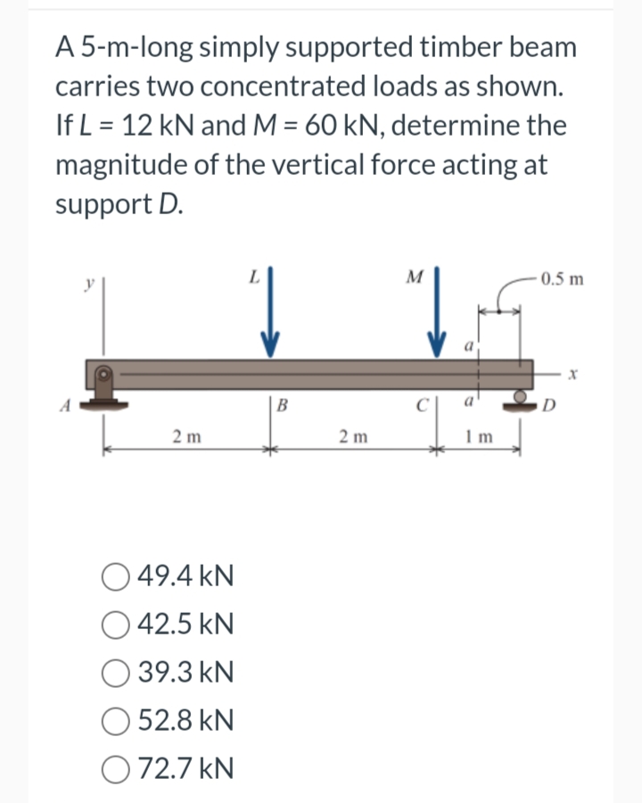 A 5-m-long simply supported timber beam
carries two concentrated loads as shown.
If L = 12 kN and M = 60 kN, determine the
magnitude of the vertical force acting at
support D.
y
2 m
49.4 kN
O42.5 KN
39.3 kN
52.8 KN
O 72.7 kN
B
2 m
M
C
a
1m
-0.5 m
D
X
