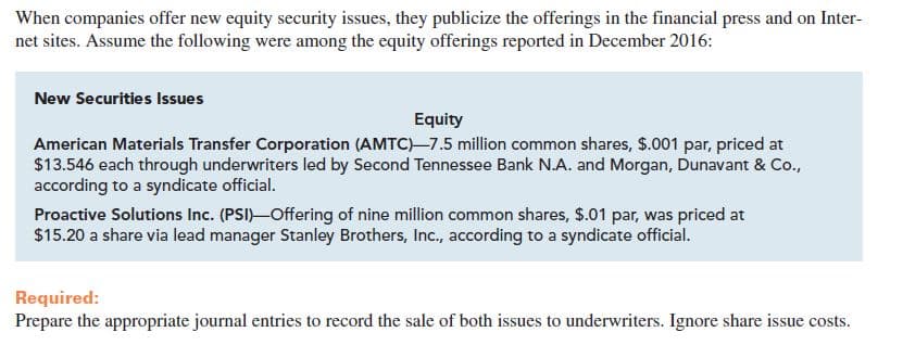 When companies offer new equity security issues, they publicize the offerings in the financial press and on Inter-
net sites. Assume the following were among the equity offerings reported in December 2016:
New Securities Issues
Equity
American Materials Transfer Corporation (AMTC)-7.5 million common shares, $.001 par, priced at
$13.546 each through underwriters led by Second Tennessee Bank N.A. and Morgan, Dunavant & Co.,
according to a syndicate official.
Proactive Solutions Inc. (PSI)-Offering of nine million common shares, $.01 par, was priced at
$15.20 a share via lead manager Stanley Brothers, Inc., according to a syndicate official.
Required:
Prepare the appropriate journal entries to record the sale of both issues to underwriters. Ignore share issue costs.
