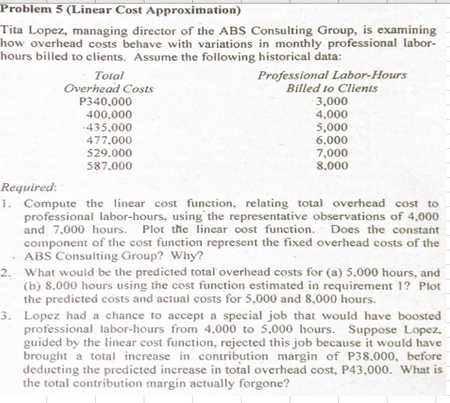 Problem 5 (Linear Cost Approximation)
Tita Lopez, managing director of the ABS Consulting Group, is examining
how overhead costs behave with variations in monthly professional labor-
hours billed to clients. Assume the following historical data:
Professional Labor-Hours
Billed to Clients
Total
Overhead Costs
P340,000
400.000
435,000
477,000
529.000
587.000
3,000
4,000
5,000
6.000
7,000
8.000
Required:
1. Compute the linear cost function, relating total overhead cost to
professional labor-hours, using the representative observations of 4,000
and 7,000 hours.
component of the cost function represent the fixed overhead costs of the
ABS Consulting Group? Why?
Plot the linear cost function. Does the constant
What wouid be the predicted total overhead costs for (a) 5,000 hours, and
(b) 8.000 hours using the cost function estimated in requirement 1? Plot
the predicted costs and actual costs for 5,000 and 8,000 hours.
3. Lopez had a chance to accept a special job that would have boosted
professional labor-hours from 4,000 to 5,000 hours. Suppose Lopez,
guided by the linear cost function, rejected this job because it would have
brought a total increase in contribution margin of P38,000, before
deducting the predicted increase in total overhead cost, P43,000. What is
the total contribution margin actually forgone?
2.
