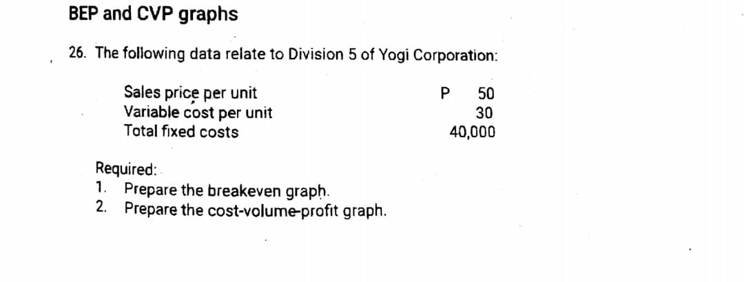 BEP and CVP graphs
26. The following data relate to Division 5 of Yogi Corporation:
Sales price per unit
Variable cost per unit
Total fixed costs
P
50
30
40,000
Required:
1. Prepare the breakeven graph.
2. Prepare the cost-volume-profit graph.
