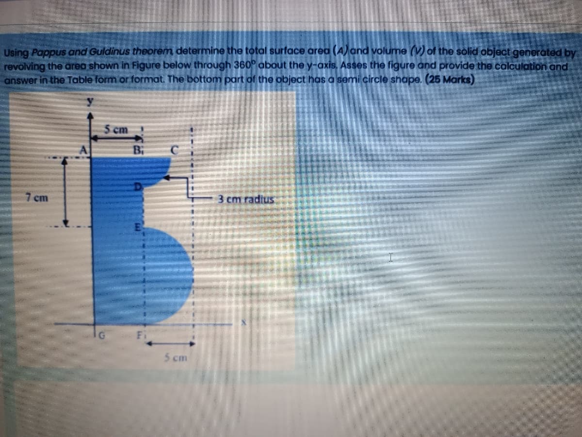 Using Pappus and Guldinus theorem determine the total surface area (A) and volume ) of the solid object generated by
revolving the area shown in Figure below through 360° about the y-axis. Asses the figure and provide the calculation and
answer in the Table form or format. The bottom part of the object has a semi circle shape. (25 Marks)
5 cm
Bi
7 cm
3 cm radius
5 cm
