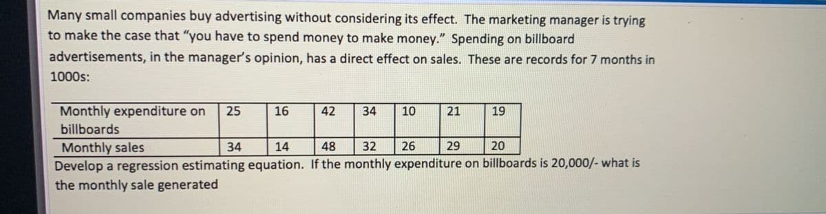 Many small companies buy advertising without considering its effect. The marketing manager is trying
to make the case that "you have to spend money to make money." Spending on billboard
advertisements, in the manager's opinion, has a direct effect on sales. These are records for 7 months in
1000s:
Monthly expenditure on
25
16
42
34
10
21
19
billboards
Monthly sales
Develop a regression estimating equation. If the monthly expenditure on billboards is 20,000/- what is
the monthly sale generated
34
14
48
32
26
29
20
