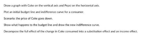 Draw a graph with Coke on the vertical axis and Pepsi on the horizontal axis.
Plot an initial budget line and indifference curve for a consumer.
Scenario: the price of Coke goes down.
Show what happens to the budget line and draw the new indifference curve.
Decompose the full effect of the change in Coke consumed into a substitution effect and an income effect.