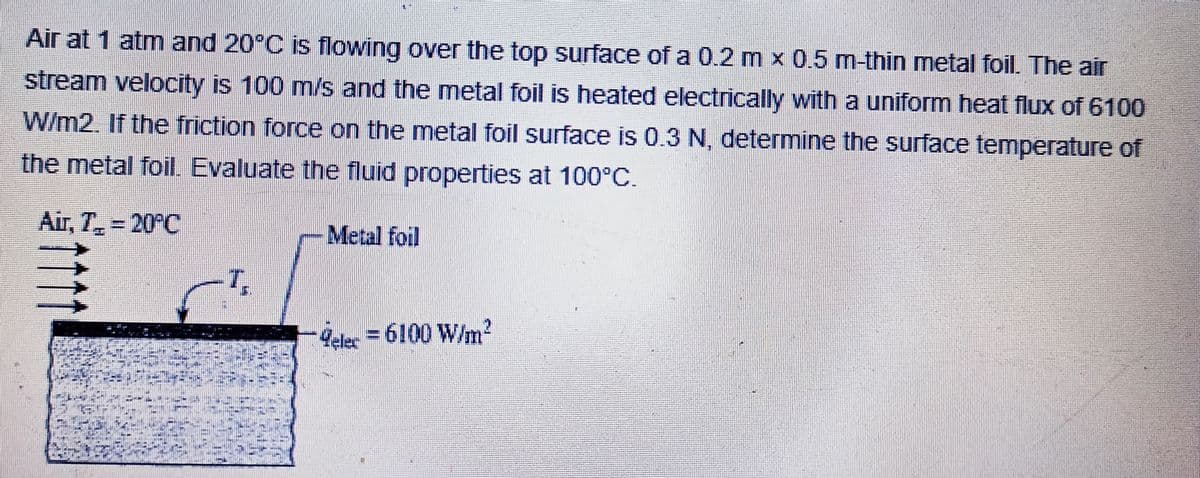 Air at 1 atm and 20°C is flowing over the top surface of a 0.2 m x 0.5 m-thin metal foil. The air
stream velocity is 100 m/s and the metal foil is heated electrically with a uniform heat flux of 6100
W/m2. If the friction force on the metal foil surface is 0.3 N, determine the surface temperature of
the metal foil Evaluate the fluid properties at 100°C.
Air, T 20°C
Metal foil
4eler = 6100 W/m?
