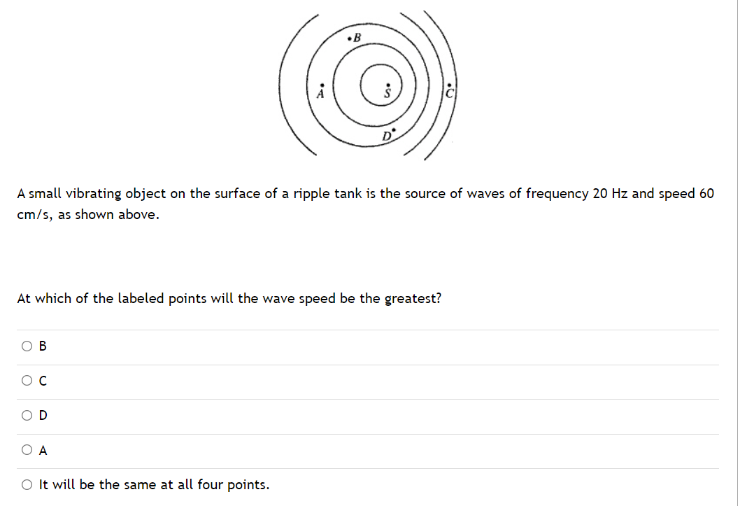 •B
A small vibrating object on the surface of a ripple tank is the source of waves of frequency 20 Hz and speed 60
cm/s, as shown above.
At which of the labeled points will the wave speed be the greatest?
O B
O D
O A
It will be the same at all four points.
