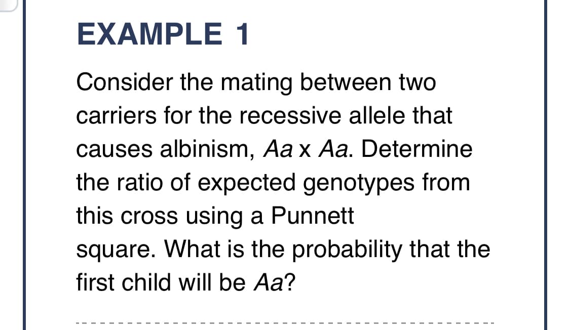 EXAMPLE 1
Consider the mating between two
carriers for the recessive allele that
causes albinism, Aa x Aa. Determine
the ratio of expected genotypes from
this cross using a Punnett
square. What is the probability that the
first child will be Aa?