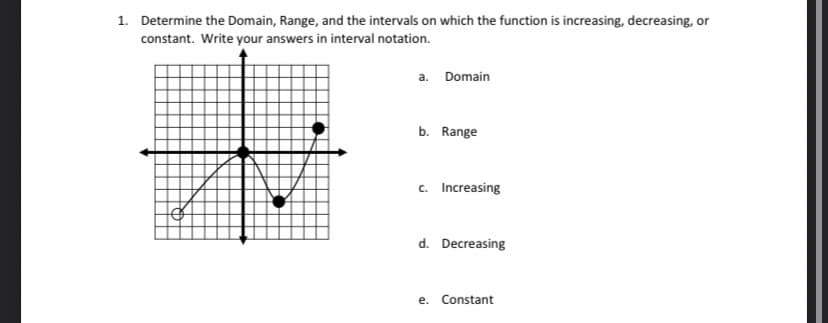 1. Determine the Domain, Range, and the intervals on which the function is increasing, decreasing, or
constant. Write your answers in interval notation.
a. Domain
b. Range
c. Increasing
d. Decreasing
е.
Constant
