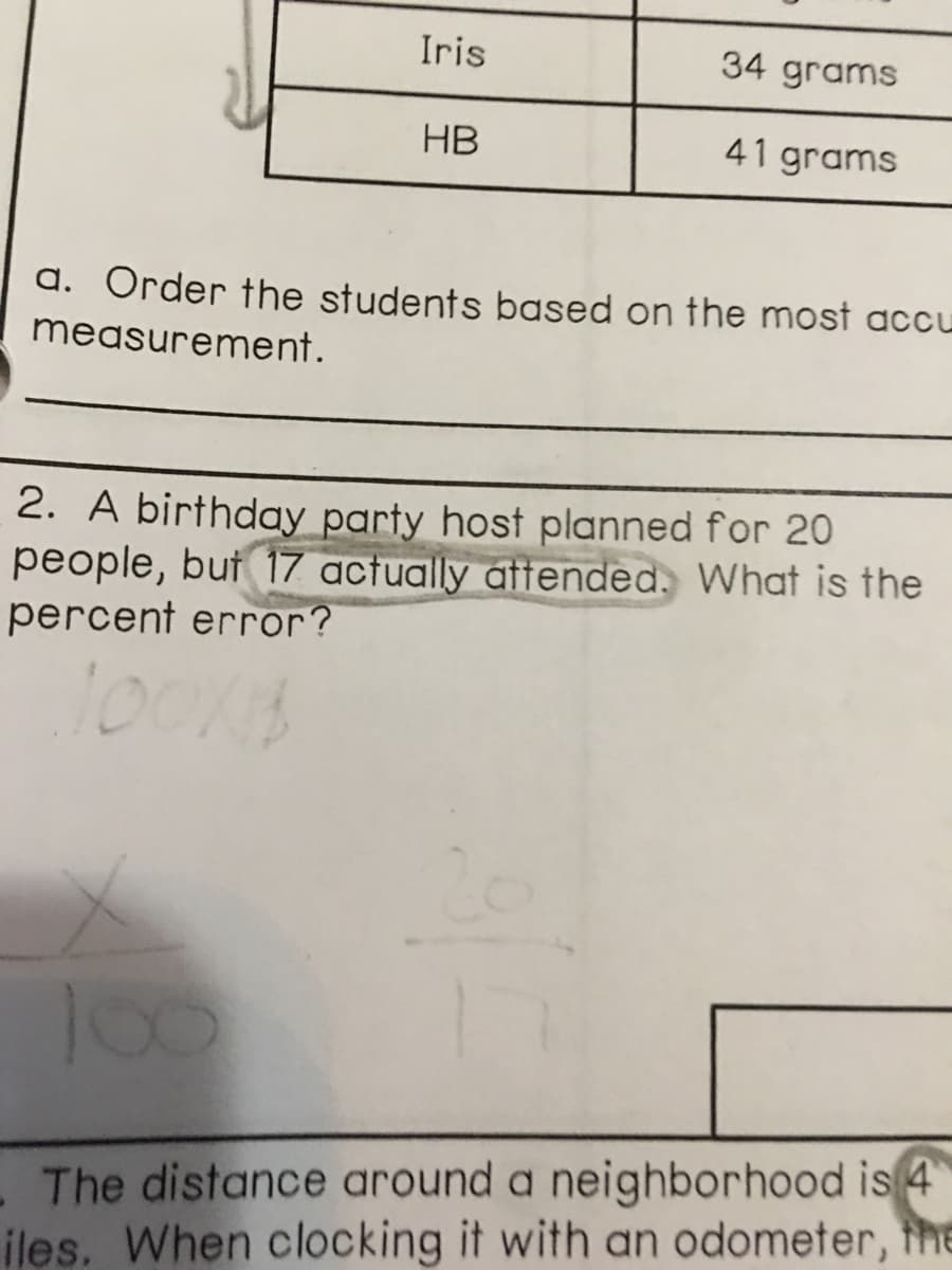 Iris
34 grams
HB
41 grams
a. Order the students based on the most accu
measurement.
2. A birthday party host planned for 20
people, buf 17 actually attended. What is the
percent error?
100
-The distance around a neighborhood is 4
iles. When clocking it with an odometer, the
