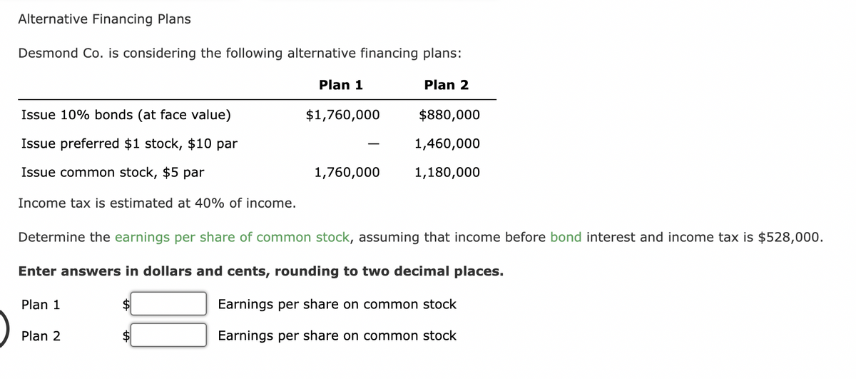 Alternative Financing Plans
Desmond Co. is considering the following alternative financing plans:
Issue 10% bonds (at face value)
Issue preferred $1 stock, $10 par
Issue common stock, $5 par
Income tax is estimated at 40% of income.
Plan 1
Plan 2
$
Plan 1
$
$1,760,000
Determine the earnings per share of common stock, assuming that income before bond interest and income tax is $528,000.
Enter answers in dollars and cents, rounding to two decimal places.
Earnings per share on common stock
Earnings per share on common stock
1,760,000
Plan 2
$880,000
1,460,000
1,180,000