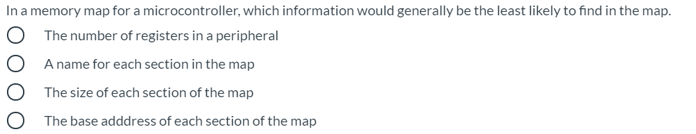 In a memory map for a microcontroller, which information would generally be the least likely to find in the map.
The number of registers in a peripheral
A name for each section in the map
The size of each section of the map
The base adddress of each section of the map
