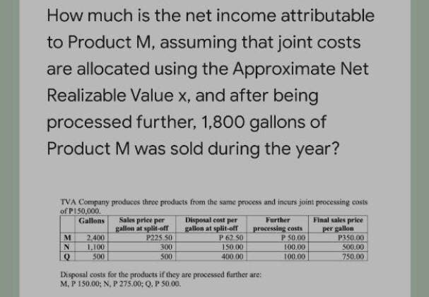How much is the net income attributable
to Product M, assuming that joint costs
are allocated using the Approximate Net
Realizable Value x, and after being
processed further, 1,800 gallons of
Product M was sold during the year?
TVA Company produces three products from the same process and incurs joint processing costs
of PI50,000.
Sales price per
gallon at split-off
P225.50
300
Disposal cost per
gallon at split-off
P 62 50
150.00
Final sales price
per gallon
P350.00
500.00
Gallons
Further
2.400
1,100
processing costs
P 50.00
100.00
500
500
400 00
100.00
750.00
Disposal costs for the products if they are processed further are:
M, P 150.00; N, P 275.00; Q. P S0.00.
