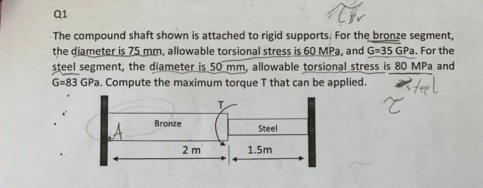 Q1
Br
The compound shaft shown is attached to rigid supports. For the bronze segment,
the diameter is 75 mm, allowable torsional stress is 60 MPa, and G=35 GPa. For the
steel segment, the diameter is 50 mm, allowable torsional stress is 80 MPa and
G=83 GPa. Compute the maximum torque T that can be applied. steel
t
|
Bronze
2 m
Steel
1.5m