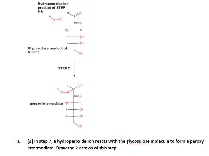 Hydroperoxide ion
product of STEP
6-b
H-
Glycosulose product of
STEP 5
STEP 7
peroxy intemediate H-
[2] In step 7, a hydroperoxide ion reacts with the glycosulose molecule to form a peroxy
intermediate. Draw the 2 arrows of this step.
ii.
