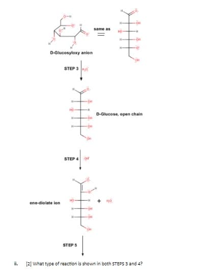 0-H
same as
HO
D-Glucosyloxy anion
STEP 3
HO
D-Glucose, open chain
STEP 4
+ H0
ene-diolate ion
STEP 5
ii.
[2] what type of reaction is shown in both STEPS 3 and 4?
