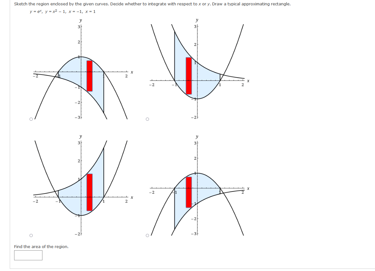Sketch the region enclosed by the given curves. Decide whether to integrate with respect to x or y. Draw a typical approximating rectangle.
у 3е*, у %3D х2 -1, х - -1, х 3D1
3
2
-2
y
2
-2
-2
Find the area of the region.
