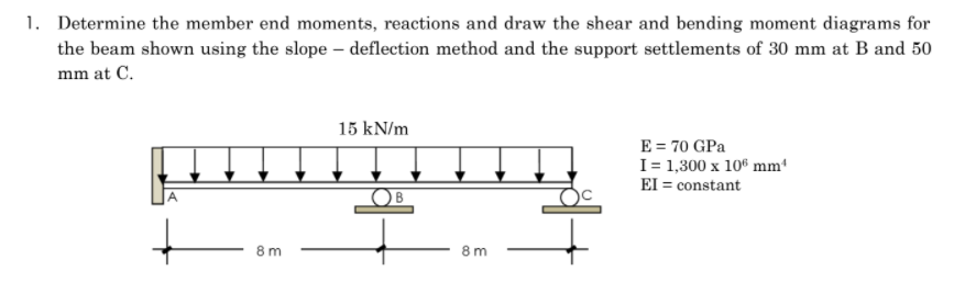 1. Determine the member end moments, reactions and draw the shear and bending moment diagrams for
the beam shown using the slope – deflection method and the support settlements of 30 mm at B and 50
mm at C.
15 kN/m
E = 70 GPa
I= 1,300 x 10° mm
EI = constant
8 m
8 m
