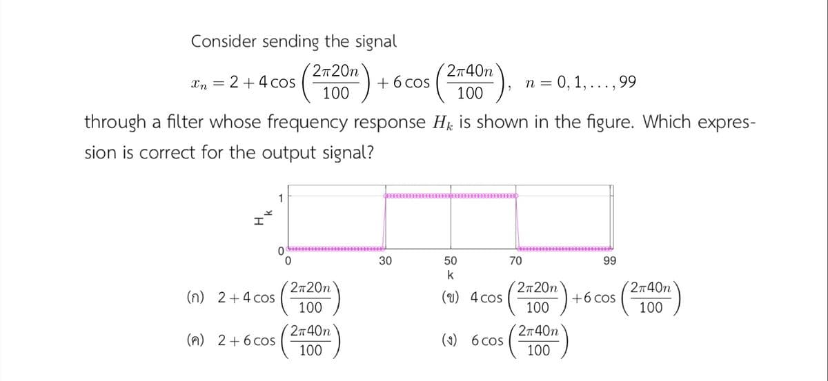 Consider sending the signal
2т20п
(240n
2+4 cos
+ 6 cos
n = 0, 1, . . , 99
Xn
100
100
through a filter whose frequency response Hk is shown in the figure. Which expres-
sion is correct for the output signal?
1
30
50
70
99
k
2т20п
2т20п
(2T40n
(n) 2+4 cos
(U) 4cos
+6 cos
100
100
100
2т40n
2т40n
(A) 2+6 cos
(9) 6 cos
100
100
