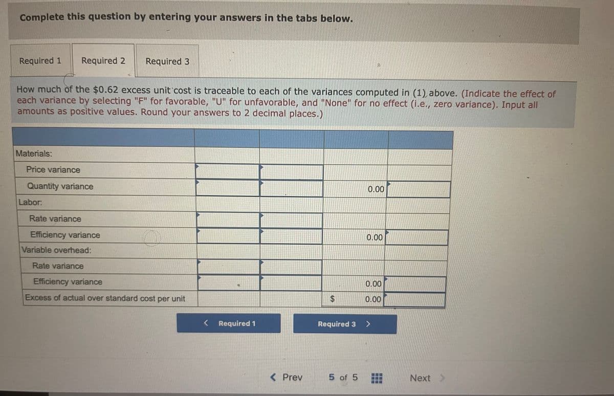 Complete this question by entering your answers in the tabs below.
Required 1
Required 2
Required 3
How much of the $0.62 excess unit cost is traceable to each of the variances computed in (1), above. (Indicate the effect of
each variance by selecting "F" for favorable, "U" for unfavorable, and "None" for no effect (i.e., zero variance). Input all
amounts as positive values. Round your answers to 2 decimal places.)
Materials:
Price variance
Quantity variance
0.00
Labor:
Rate variance
Efficiency variance
0.00
Variable overhead:
Rate variance
Efficiency variance
0.00
Excess of actual over standard cost per unit
0.00
Required 1
Required 3 >
< Prev
5 of 5
Next >
%24
