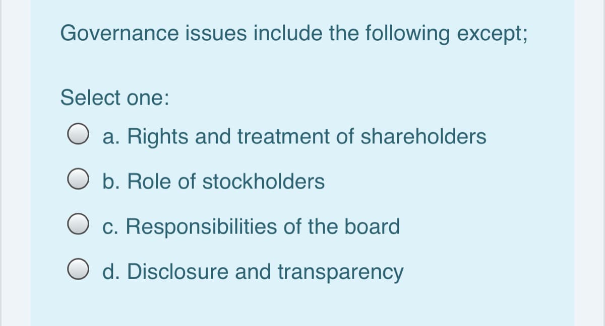 Governance issues include the following except;
Select one:
O a. Rights and treatment of shareholders
b. Role of stockholders
O c. Responsibilities of the board
O d. Disclosure and transparency
