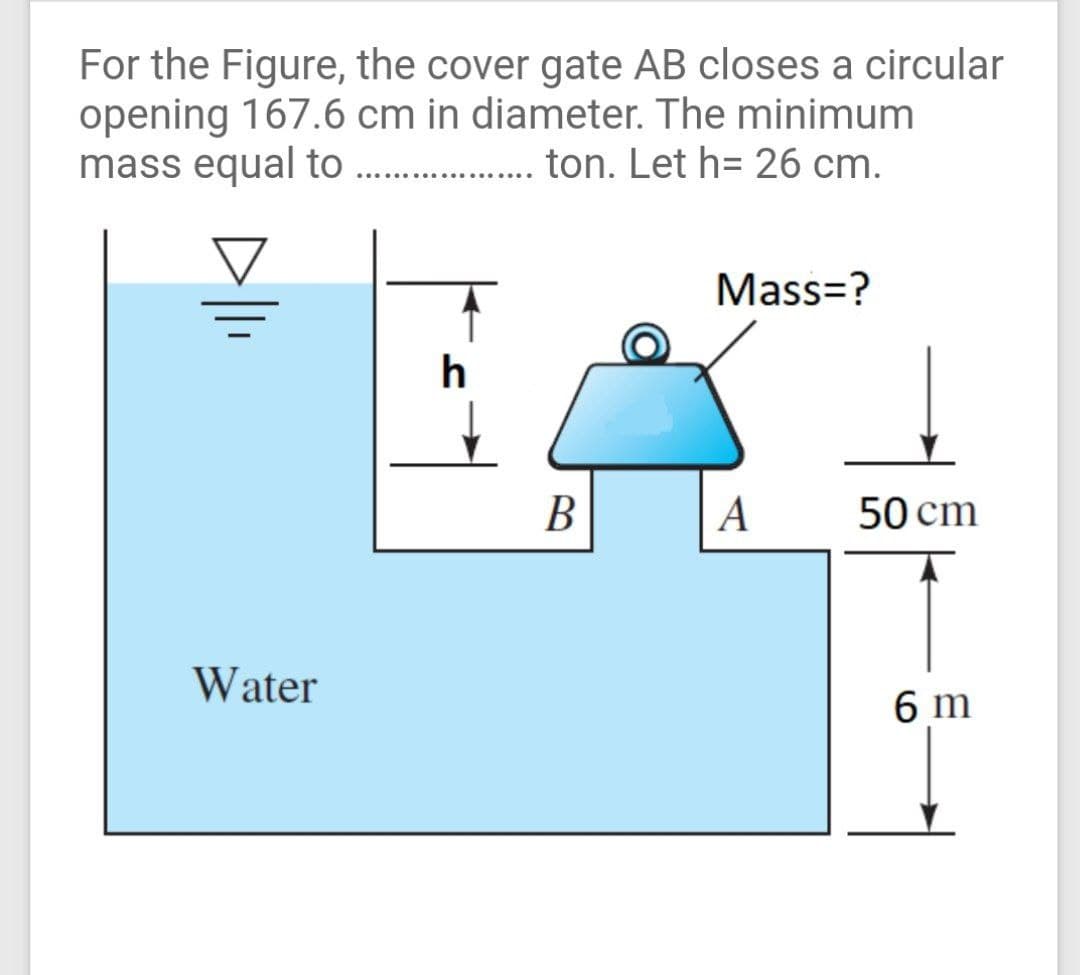 For the Figure, the cover gate AB closes a circular
opening 167.6 cm in diameter. The minimum
mass equal to . ton. Let h= 26 cm.
Mass=?
h
В
A
50 cm
Water
6 m
