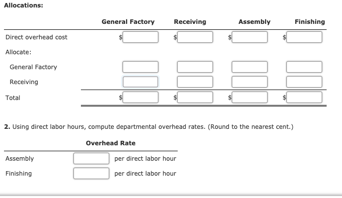 Allocations:
General Factory
Receiving
Assembly
Finishing
Direct overhead cost
Allocate:
General Factory
Receiving
Total
2. Using direct labor hours, compute departmental overhead rates. (Round to the nearest cent.)
Overhead Rate
Assembly
per direct labor hour
Finishing
per direct labor hour
