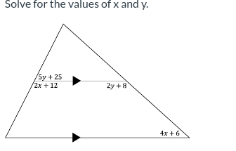 Solve for the values of x and y.
/5y + 25
/2x+12
2y +8
4x+6