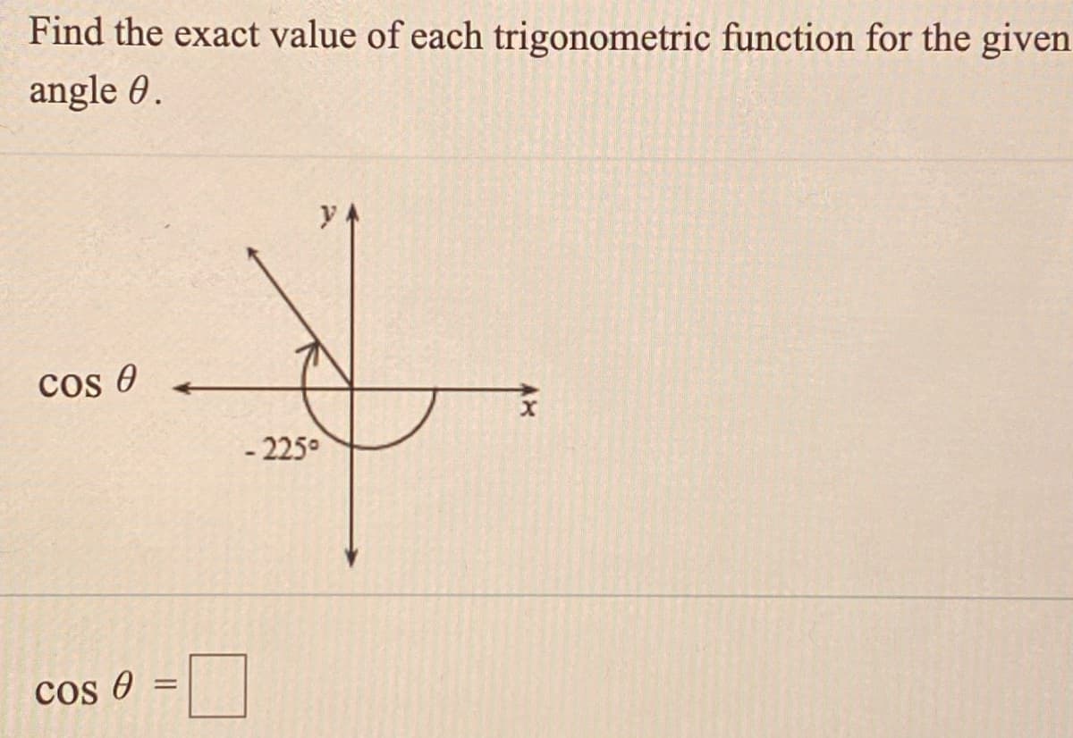 Find the exact value of each trigonometric function for the given
angle 0.
cos 0
- 225°
cos e
