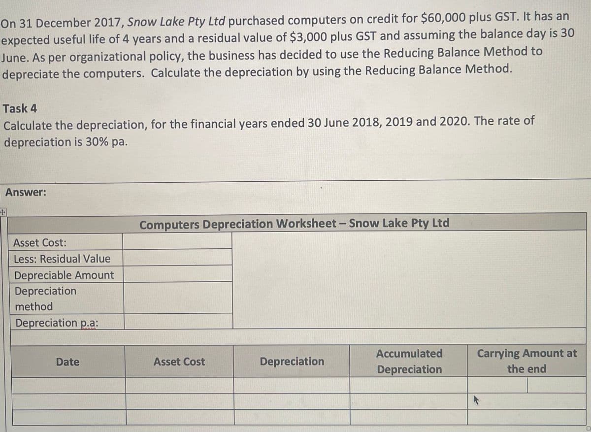 On 31 December 2017, Snow Lake Pty Ltd purchased computers on credit for $60,000 plus GST. It has an
expected useful life of 4 years and a residual value of $3,000 plus GST and assuming the balance day is 30
June. As per organizational policy, the business has decided to use the Reducing Balance Method to
depreciate the computers. Calculate the depreciation by using the Reducing Balance Method.
Task 4
Calculate the depreciation, for the financial years ended 30 June 2018, 2019 and 2020. The rate of
depreciation is 30% pa.
Answer:
Asset Cost:
Less: Residual Value
Depreciable Amount
Depreciation
method
Depreciation p.a:
Date
Computers Depreciation Worksheet - Snow Lake Pty Ltd
Asset Cost
Depreciation
Accumulated
Depreciation
Carrying Amount at
the end
F
M