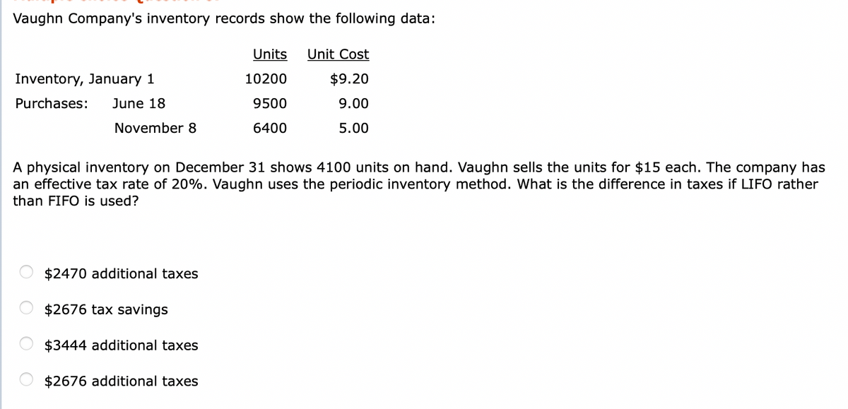 Vaughn Company's inventory records show the following data:
Units
Unit Cost
Inventory, January 1
10200
$9.20
Purchases:
June 18
9500
9.00
November 8
6400
5.00
A physical inventory on December 31 shows 4100 units on hand. Vaughn sells the units for $15 each. The company has
an effective tax rate of 20%. Vaughn uses the periodic inventory method. What is the difference in taxes if LIFO rather
than FIFO is used?
$2470 additional taxes
$2676 tax savings
$3444 additional taxes
$2676 additional taxes
