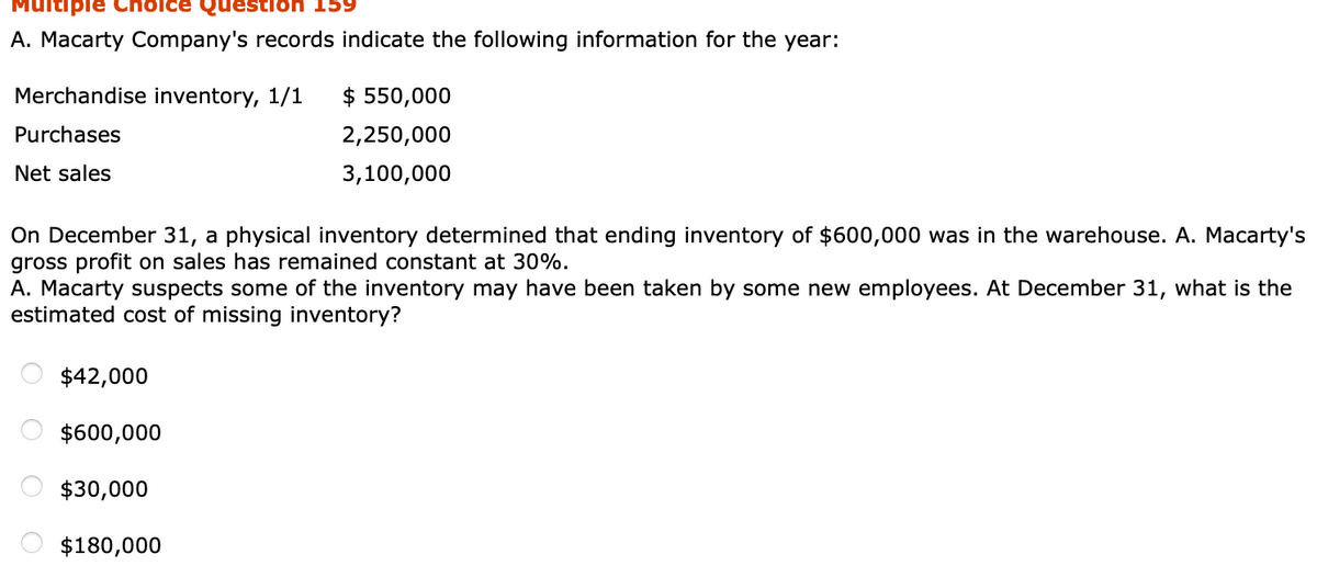 Multiple Cholce Questiol
159
A. Macarty Company's records indicate the following information for the year:
Merchandise inventory, 1/1
$ 550,000
Purchases
2,250,000
Net sales
3,100,000
On December 31, a physical inventory determined that ending inventory of $600,000 was in the warehouse. A. Macarty's
gross profit on sales has remained constant at 30%.
A. Macarty suspects some of the inventory may have been taken by some new employees. At December 31, what is the
estimated cost of missing inventory?
$42,000
O $600,000
$30,000
O $180,000
O o o O
