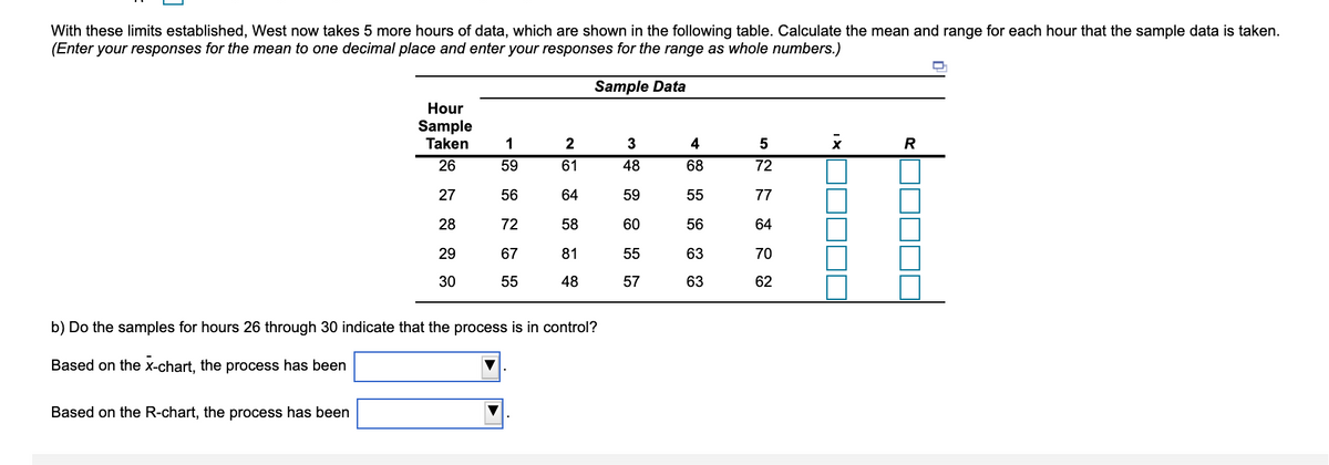 With these limits established, West now takes 5 more hours of data, which are shown in the following table. Calculate the mean and range for each hour that the sample data is taken.
(Enter your responses for the mean to one decimal place and enter your responses for the range as whole numbers.)
Sample Data
Hour
Sample
Taken
1
2
3
4
R
26
59
61
48
68
72
27
56
64
59
55
77
28
72
58
60
56
64
29
67
81
55
63
70
30
55
48
57
63
62
b) Do the samples for hours 26 through 30 indicate that the process is in control?
Based on the X-chart, the process has been
Based on the R-chart, the process has been
