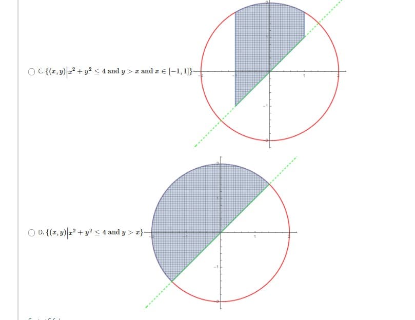 OC {(z, 9) 2? + y? < 4 and y > z and z € (-1,1]}-
O D. {(x, y) z² + y? < 4 and y > z}-
