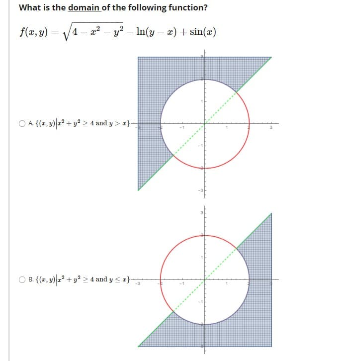 What is the domain of the following function?
4 – a? – y? – In(y – x) + sin(x)
O A {(z, 9) z + y? > 4 and y > z}-
O B. {(z, y) 2 + y² > 4 and y < z}-
-3
