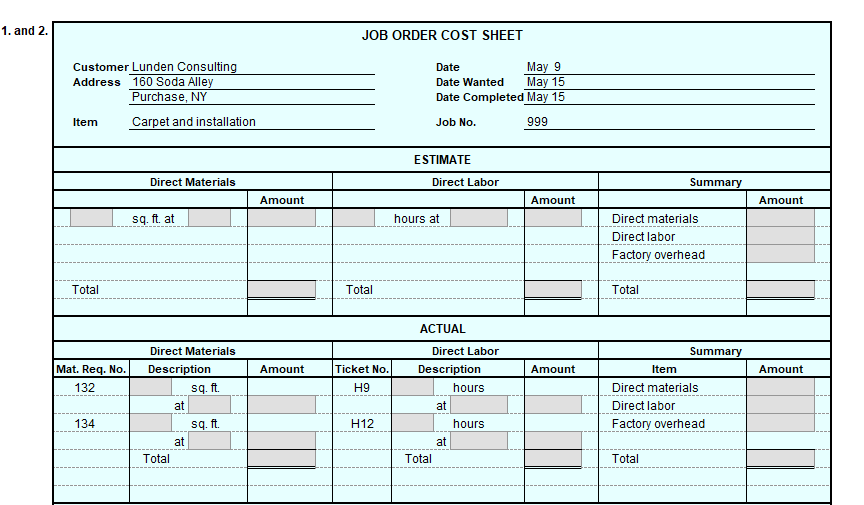 1. and 2.
Customer Lunden Consulting
Address 160 Soda Alley
Purchase, NY
Item
Total
Mat. Req. No.
132
134
Carpet and installation
Direct Materials
sq. ft. at
Direct Materials
Description
sq. ft.
Total
at
at
sq. ft.
Amount
Amount
JOB ORDER COST SHEET
Total
Ticket No.
H9
H12
Date
May 9
Date Wanted
May 15
Date Completed May 15
Job No.
999
ESTIMATE
Direct Labor
hours at
ACTUAL
Direct Labor
Description
hours
Total
at
at
hours
Amount
Amount
Direct materials
Direct labor
Factory overhead
Total
Summary
Total
Summary
Item
Direct materials
Direct labor
Factory overhead
Amount
Amount