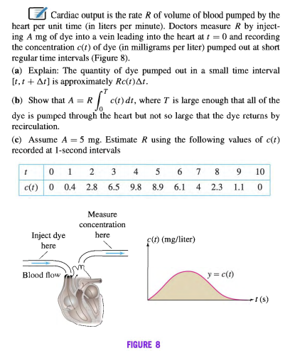 í Cardiac output is the rate R of volume of blood pumped by the
heart per unit time (in liters per minute). Doctors measure R by inject-
ing A mg of dye into a vein leading into the heart at i = 0 and recording
the concentration c(t) of dye (in milligrams per liter) pumped out at short
regular time intervals (Figure 8).
(a) Explain: The quantity of dye pumped out in a small time interval
[1,1 + Ar] is approximately Rc(t)At.
(b) Show that A = R c(1)dt, where T is large enough that all of the
dye is pumped through the heart but not so large that the dye returns by
recirculation.
(c) Assume A = 5 mg. Estimate R using the following values of c(t)
recorded at l-second intervals
2
4
7
8
10
c(t) 0 0.4
2.8
6.5
9.8
8.9
6.1
4
2.3
1.1
Measure
concentration
Inject dye
here
here
ç1) (mg/liter)
Blood flow
y = c(t)
t (s)
FIGURE 8
