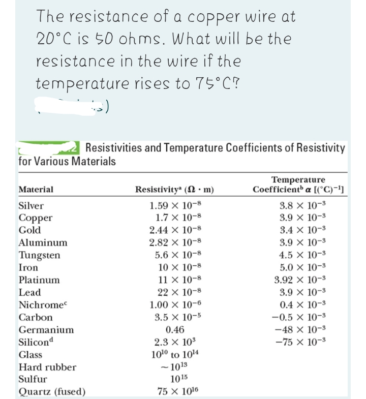 The resistance of a copper wire at
20°C is 50 ohms. What will be the
resistance in the wire if the
temperature rises to 75°C?
C
for Various Materials
Material
Silver
Copper
Gold
Aluminum
Tungsten
Iron
Platinum
Lead
Nichromec
Carbon
Germanium
Silicond
Glass
Hard rubber
Sulfur
Quartz (fused)
Resistivities and Temperature Coefficients of Resistivity
Resistivity (2 m)
Temperature
Coefficient a [(°C)-¹]
1.59 X 10-8
3.8 x 10-³
1.7 X 10-8
3.9 X 10-⁹
2.44 x 10-8
3.4 x 10-⁹
2.82 × 10-8
3.9 X 10-3
5.6 X 10-8
4.5 X 10-3
10 X 10-8
5.0 × 10-³
11 X 10-8
3.92 × 10-³
22 × 10-8
3.9 X 10-⁹
1.00 x 10-6
0.4 x 10-⁹
3.5 x 10-5
-0.5 × 10-³
0.46
-48 × 10-8
2.3 × 10³
-75 x 10-³
101⁰ to 10¹4
-1013
1015
75 X 1016