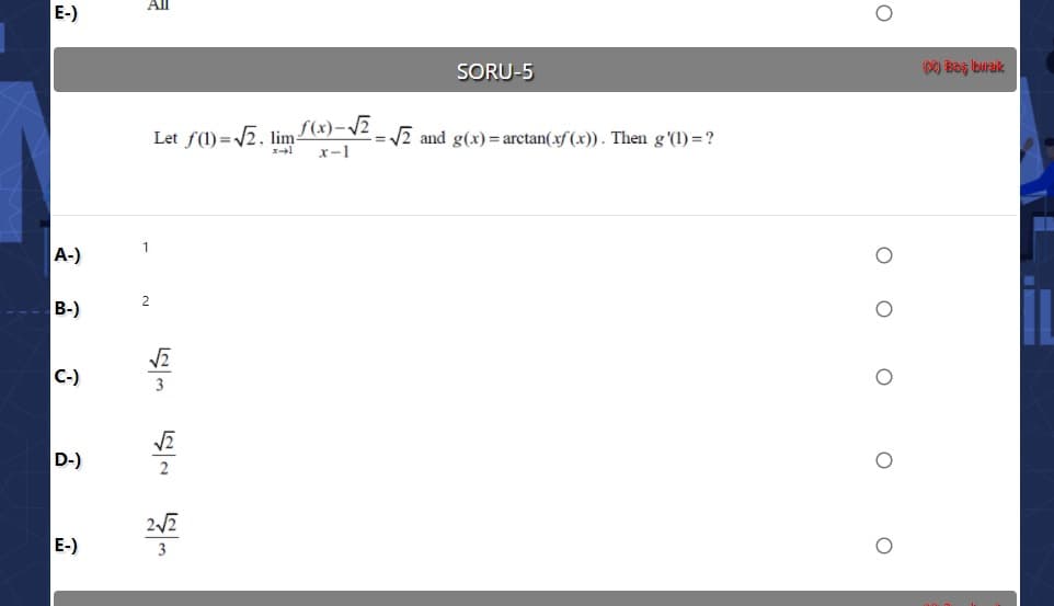 Let f(1) = 2. lim7(x)-v2 = V2 and g(x)=arctan(xf(x)) . Then g'(1) =?
x-1
1
2
3
3
