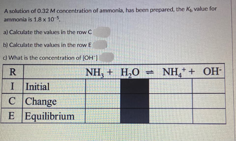 A solution of 0.32 M concentration of ammonia, has been prepared, the Kp value for
ammonia is 1.8 x 10-5.
a) Calculate the values in the row C
b) Calculate the values in the row E
c) What is the concentration of [OH]
R
NH, + H,0
NH, + OH-
I Initial
C Change
E Equilibrium
E
11
