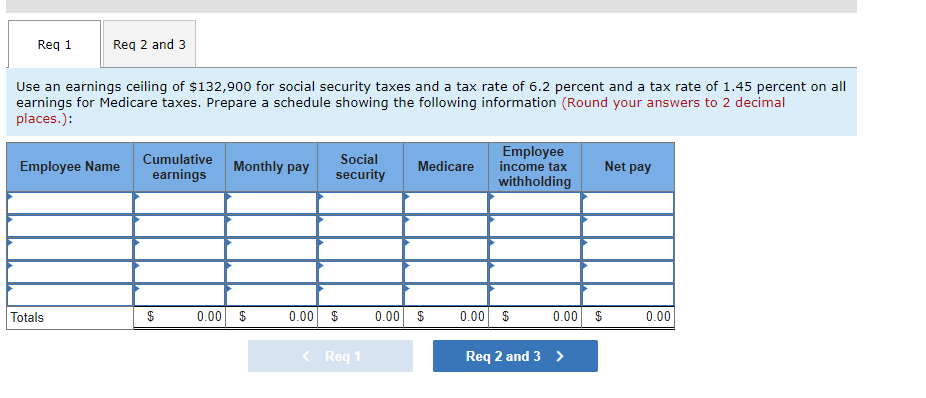 Req 1
Req 2 and 3
Use an earnings ceiling of $132,900 for social security taxes and a tax rate of 6.2 percent and a tax rate of 1.45 percent on all
earnings for Medicare taxes. Prepare a schedule showing the following information (Round your answers to 2 decimal
places.):
Employee
income tax
withholding
Cumulative
Social
Employee Name
Monthly pay
Medicare
Net pay
earnings
security
Totals
$
0.00 $
0.00 $
0.00 $
0.00 $
0.00 $
0.00
< Req 1
Req 2 and 3 >

