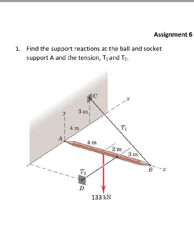 Assignment 6
1. Find the support reactions at the ball and socket
support A and the tension, T1and T2.
3 m
y
4 m
T1
AL
4 m
2 m
3 m
B
T2
D
133 kN
