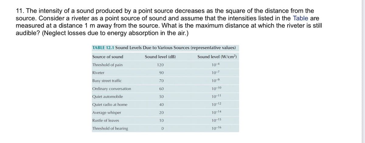 11. The intensity of a sound produced by a point source decreases as the square of the distance from the
source. Consider a riveter as a point source of sound and assume that the intensities listed in the Table are
measured at a distance 1 m away from the source. What is the maximum distance at which the riveter is still
audible? (Neglect losses due to energy absorption in the air.)
TABLE 12.1 Sound Levels Due to Various Sources (representative values)
Source of sound
Sound level (dB)
Sound level (W/cm²)
Threshold of pain
120
10-4
Riveter
90
10-7
Busy street traffic
70
10-9
Ordinary conversation
60
10-10
Quiet automobile
50
10-11
Quiet radio at home
40
10-12
Average whisper
20
10-14
Rustle of leaves
10
10-15
Threshold of hearing
10-16
