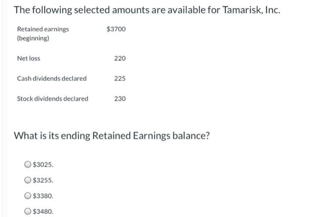 The following selected amounts are available for Tamarisk, Inc.
Retained earnings
$3700
(beginning)
Net loss
220
Cash dividends declared
225
Stock dividends declared
230
What is its ending Retained Earnings balance?
$3025.
O $3255.
$3380.
O $3480.
